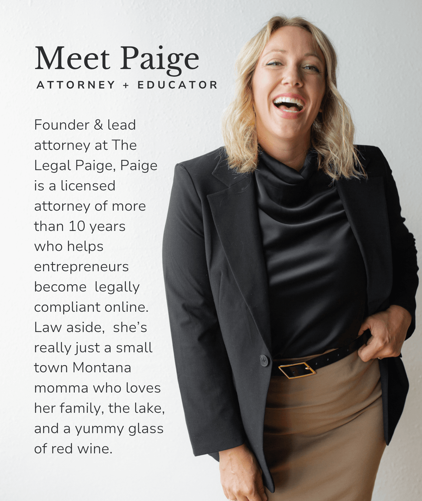 Woman in professional attire with text about her as an attorney and educator.