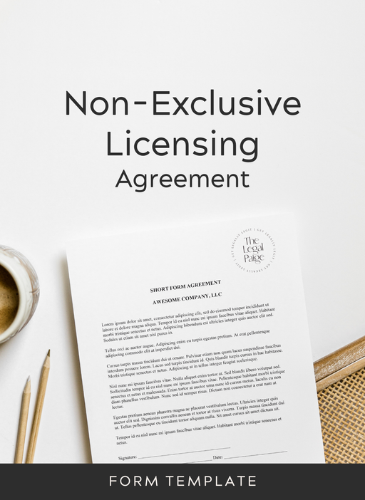 The Legal Paige - Non-Exclusive Licensing Agreement
A sample document is displayed on a table next to pencils and a cup of coffee. It represents an image licensing agreement template for photographers.