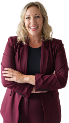 Woman wearing a maroon suit with a plain background