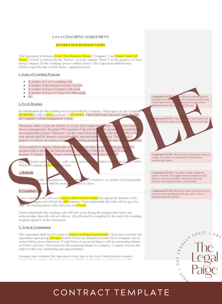1-on-1 Coaching Contract Sample Image