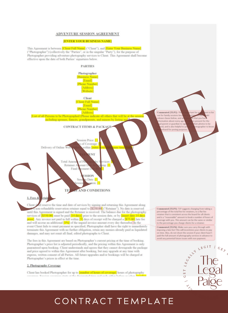 Adventure Session Photography Contract Sample - The Legal Paige