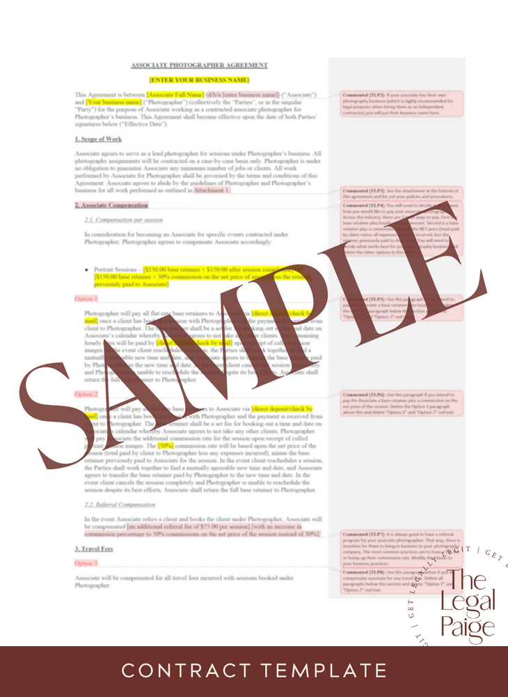 Associate Photographer Contract for Independent Contractors (Sessions Only) Sample - The Legal Paige