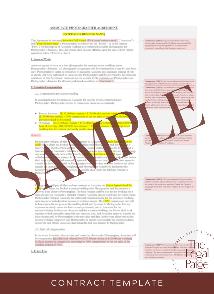 Associate Photographer Contract for Independent Contractors (Weddings & Sessions) Sample - The Legal Paige
