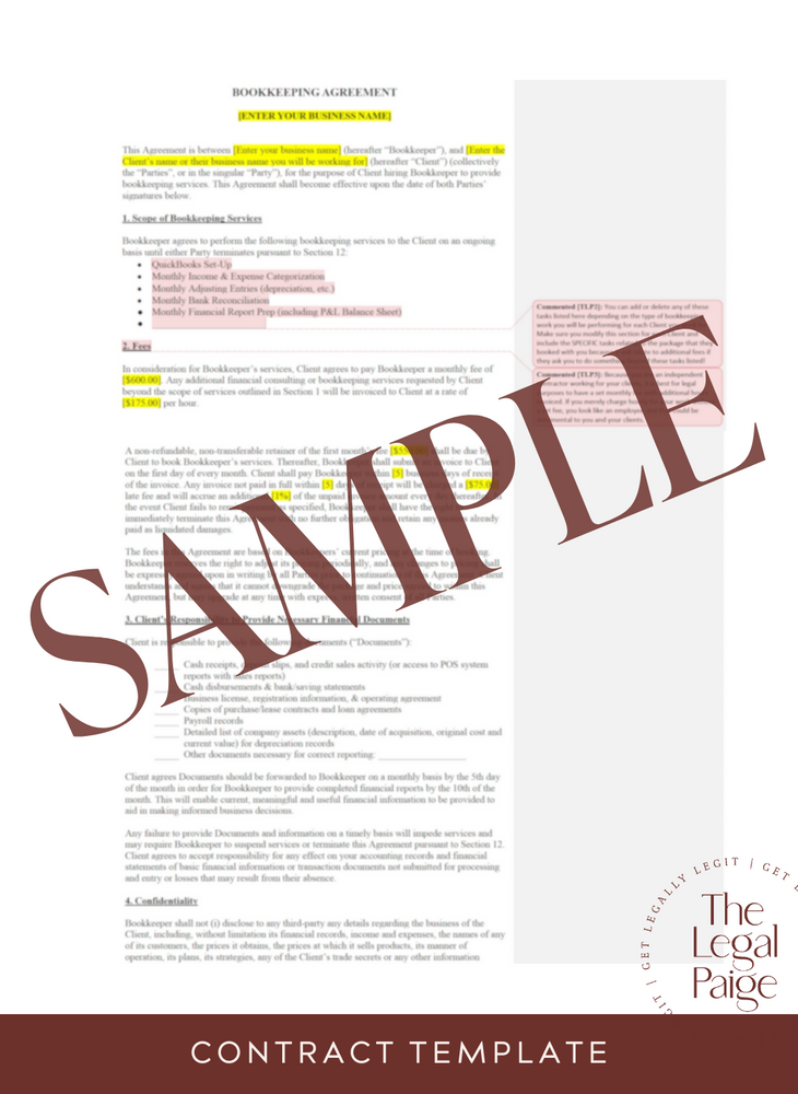 Bookkeeping Contract Sample - The Legal Paige