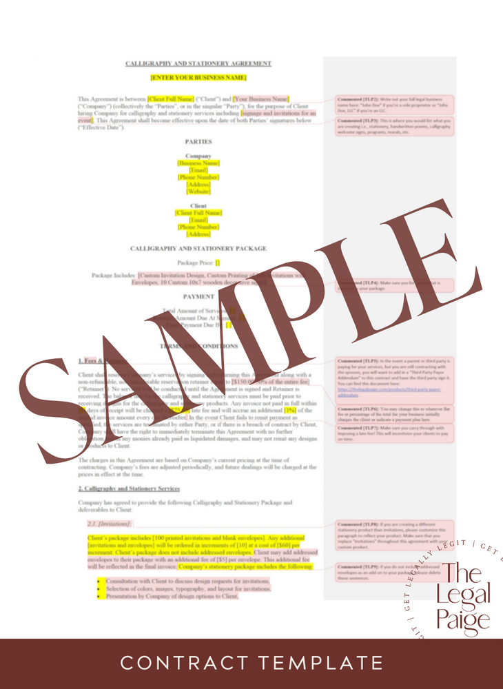 Calligraphy & Stationery Contract Sample - The Legal Paige