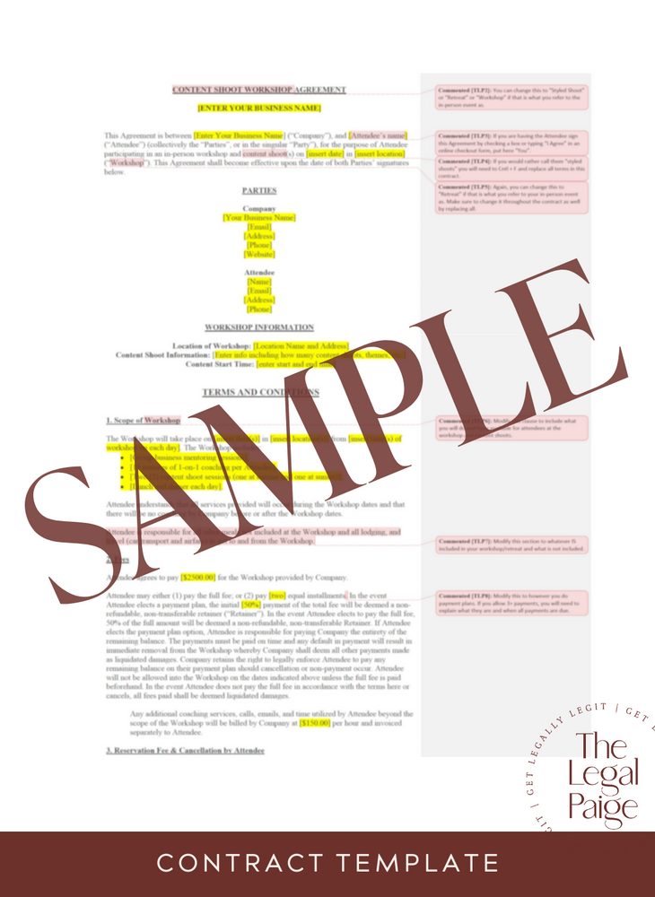 Content Shoot Workshop Contract for Attendees Sample - The Legal Paige
