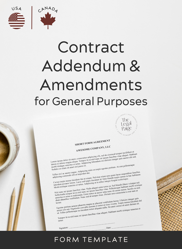 A sample document is displayed on a table next to pencils and a cup of coffee. It represents contract addendum templates and & contract amendment templates from The Legal Paige.