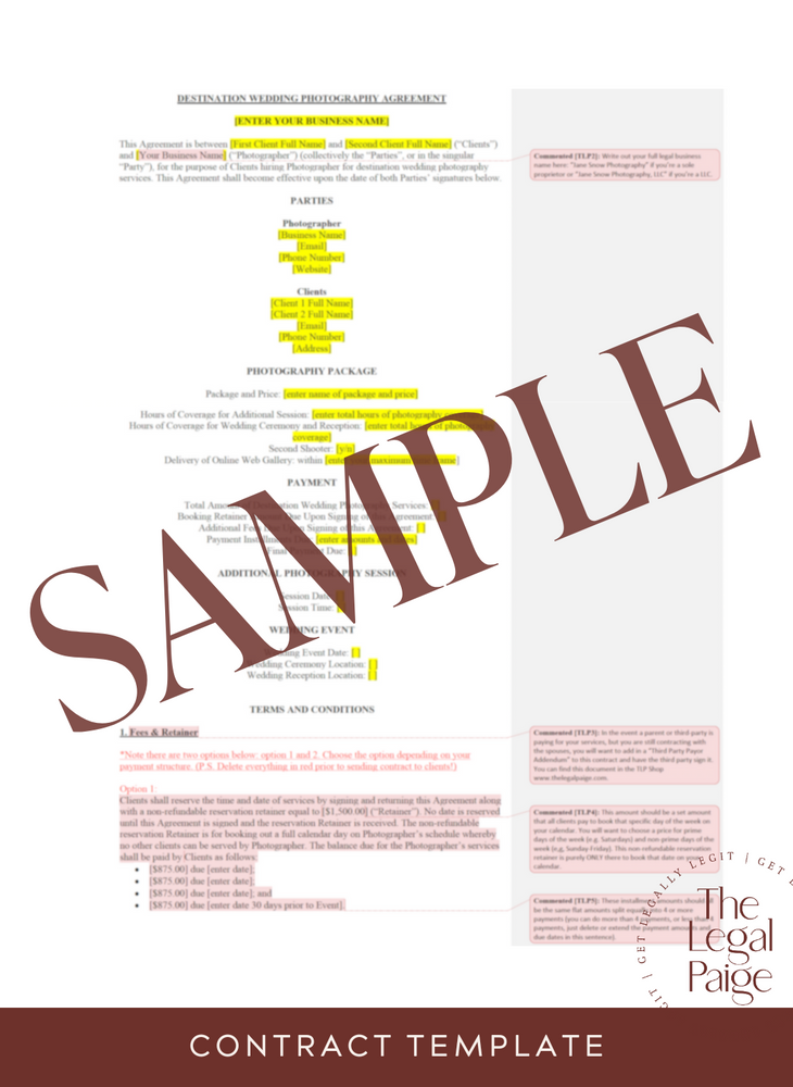 Destination Wedding Photography Contract Sample - The Legal Paige