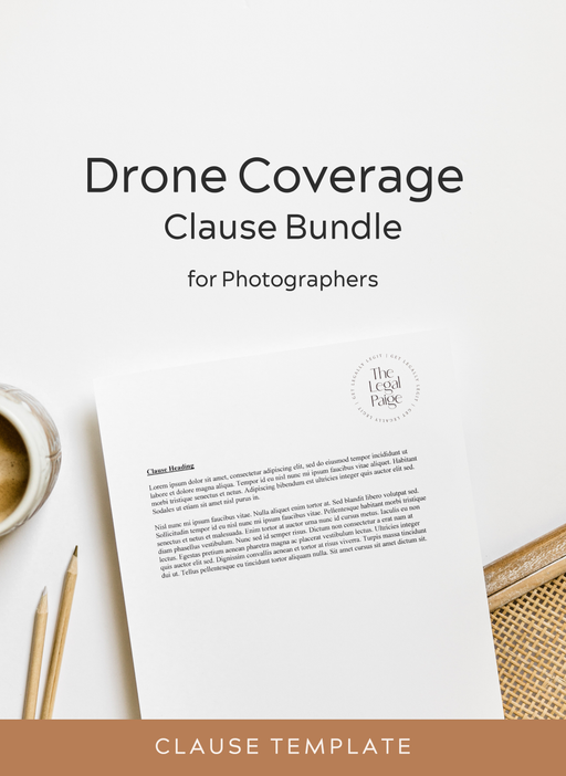 Drone Coverage Clause Bundle for Photographers with a document, coffee cup, and pencils on a white background.