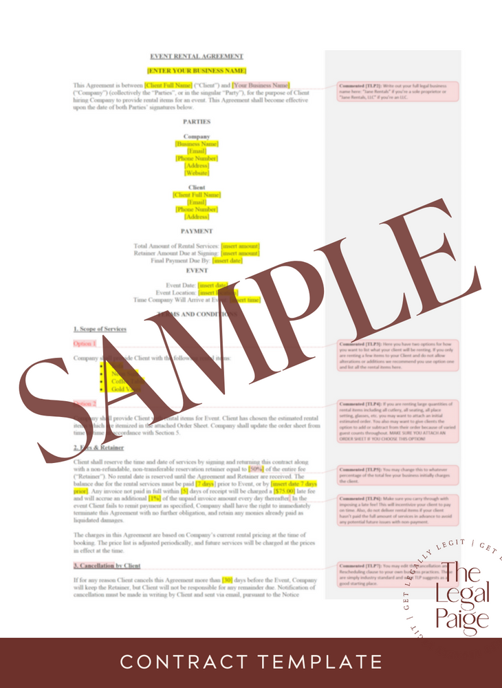Event Rental Contract Sample - The Legal Paige