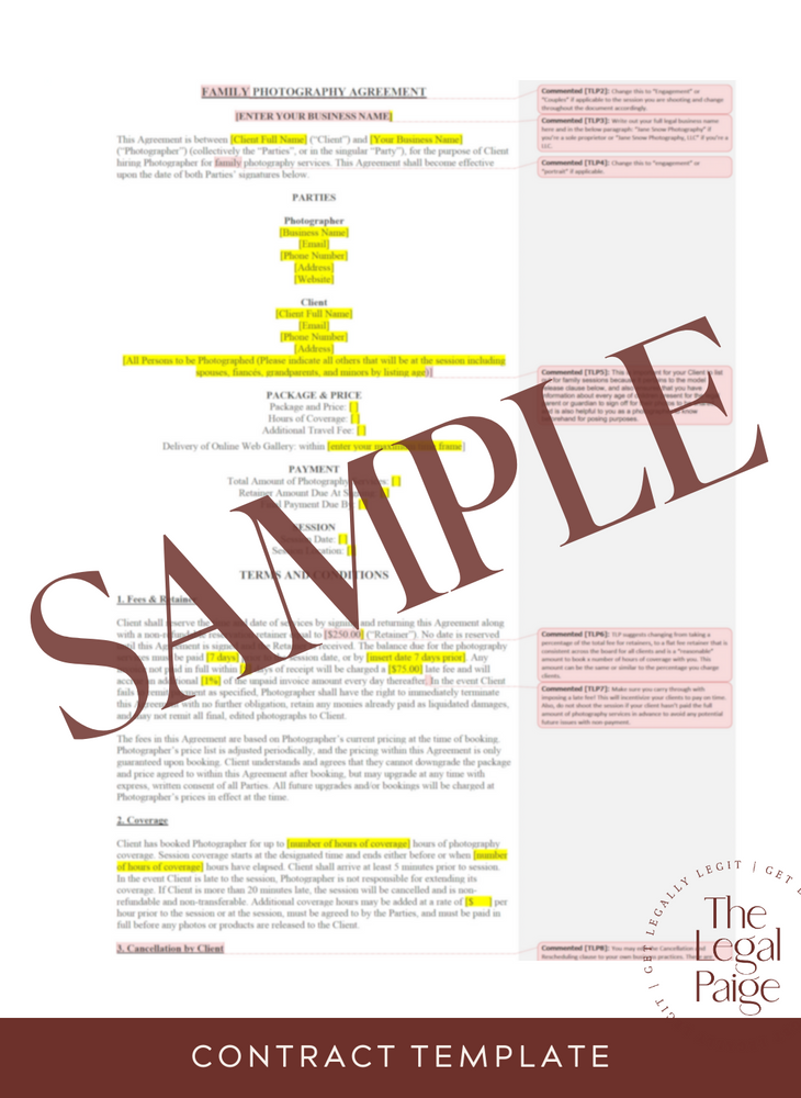 Family & Couples Photography Contract Sample - The Legal Paige