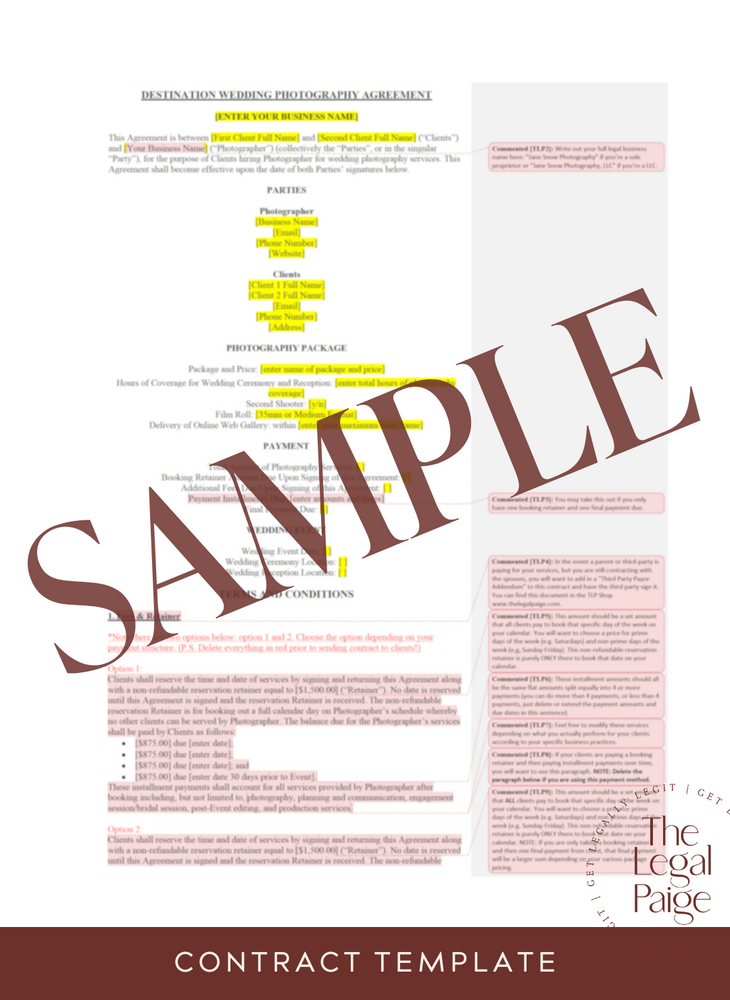 Film Photography Contract for Destination Weddings Sample - The Legal Paige