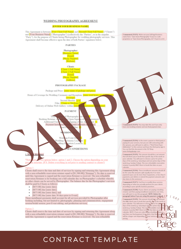 The Legal Paige - Film Photography Contract for Weddings Sample