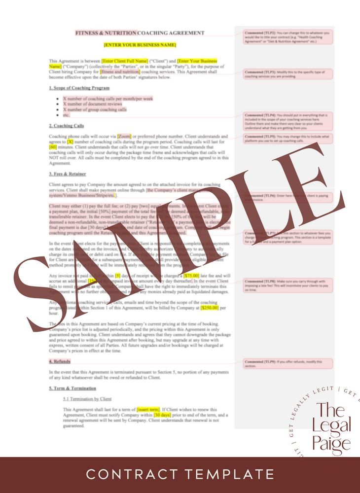 The Legal Paige - Fitness & Nutrition Coaching Contract Sample