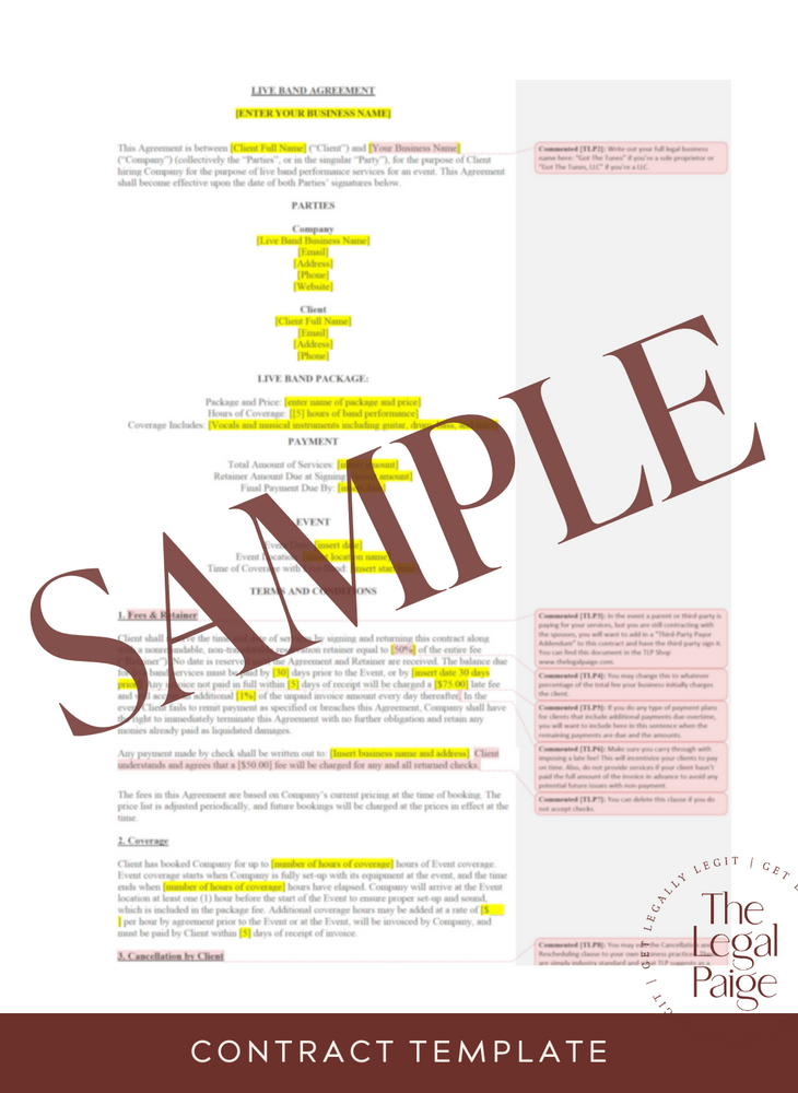 Live Band Contract Sample - The Legal Paige