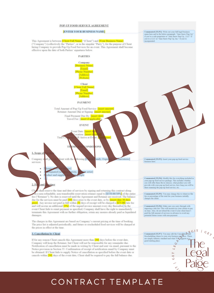 Pop-Up Food Service Contract Sample - The Legal Paige