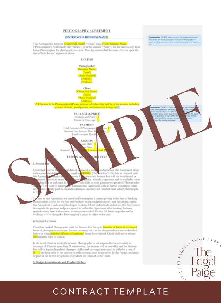Portrait Photography Contract for In-Person Sales Sample - The Legal Paige