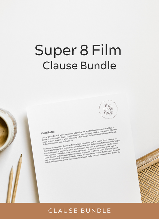 Super 8 Film Clause Bundle - The Legal Paige 
A sample document is displayed on a table next to pencils and a cup of coffee. It represents a contract clause template for Super 8 film.