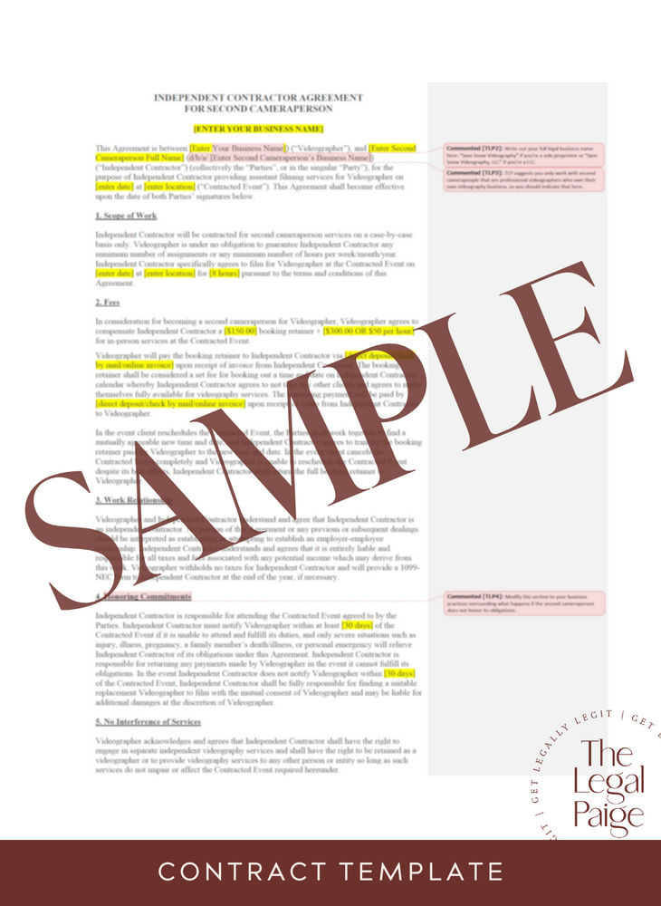 Second Cameraperson to Videographer Contract Sample - The Legal Paige