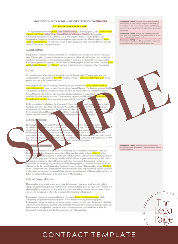Second Shooter Contract Sample - The Legal Paige