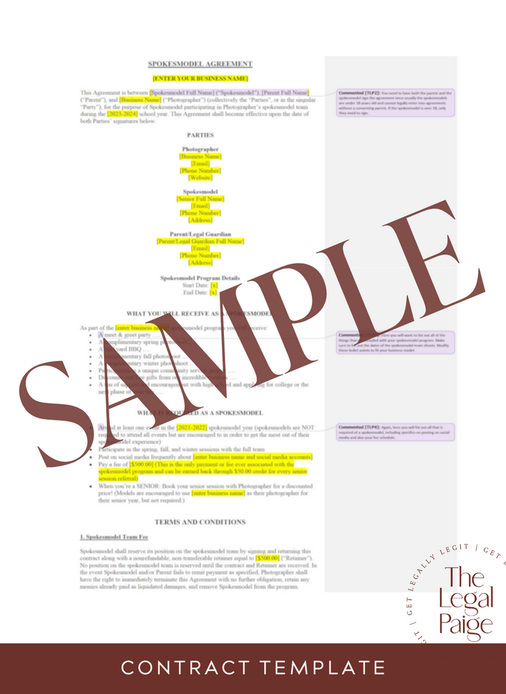 Senior Rep Photography Contract for Spokesmodels