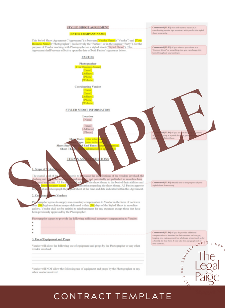 Styled Shoot Contract For Photographers Sample - The Legal Paige