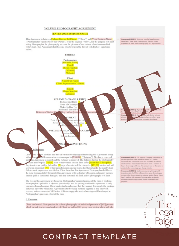 Volume Photography Contract Sample - The Legal Paige