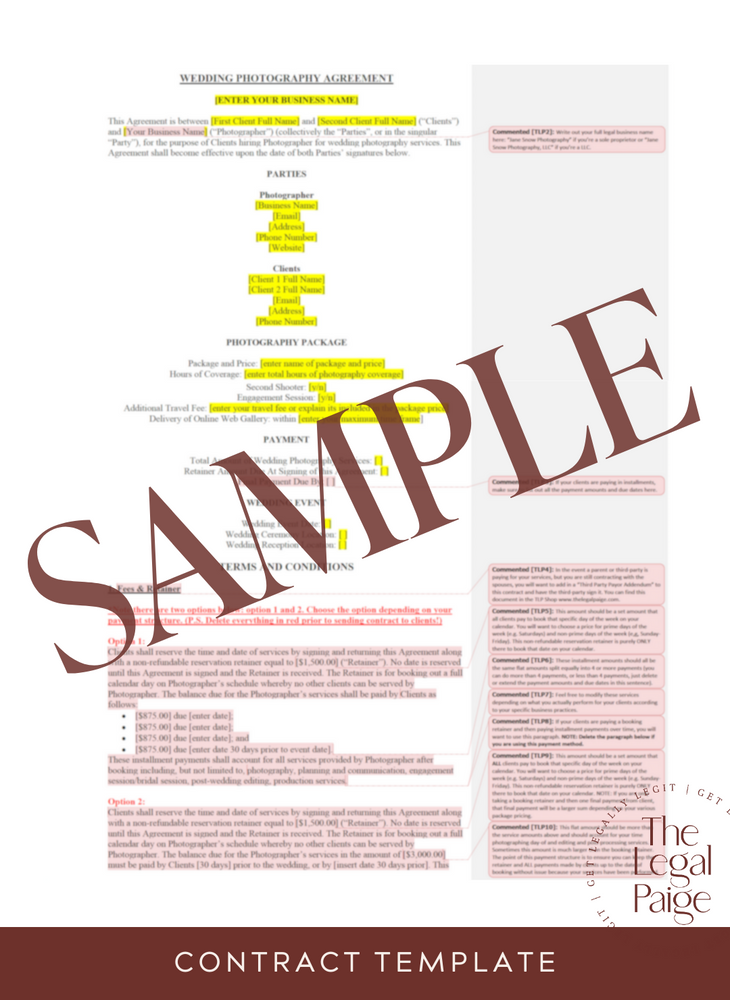 An example of a detailed photography contract for wedding photographers