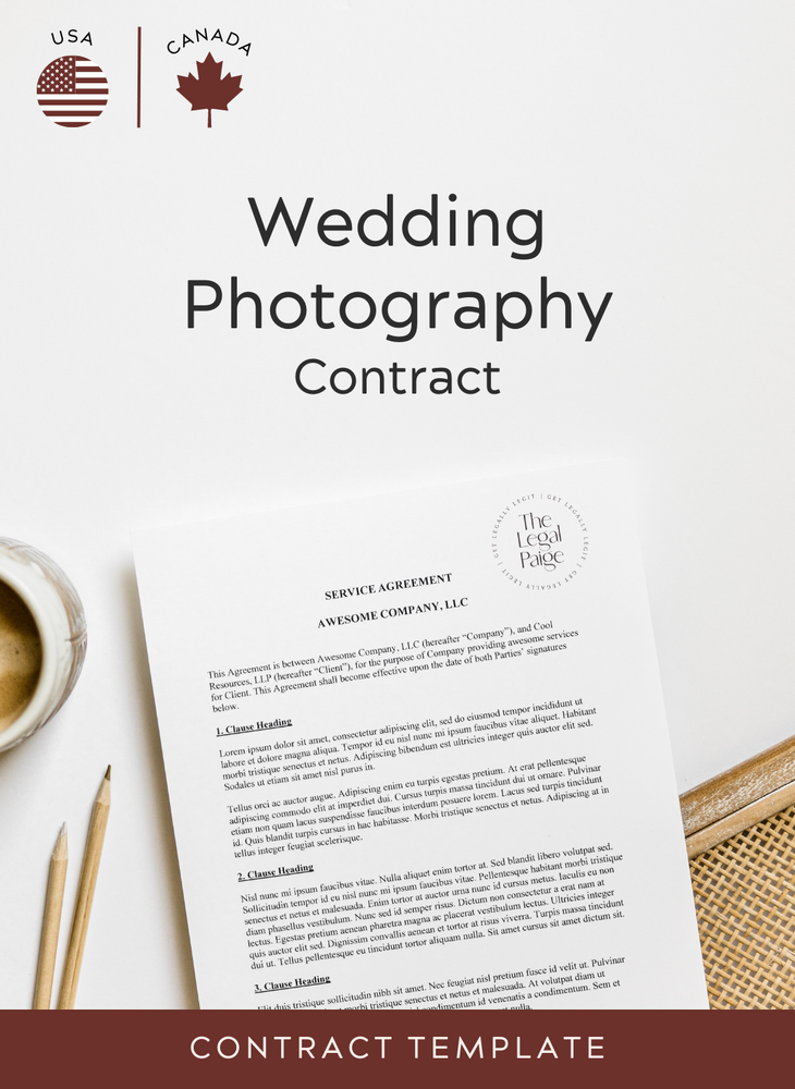 An example of a detailed photography contract for wedding photographers is displayed next to pencils and a cup of coffee.