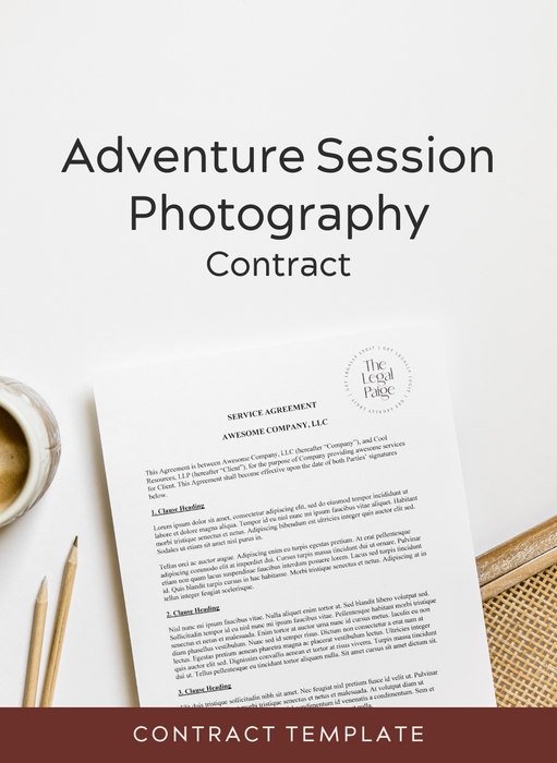 A sample document is displayed on a table next to pencils and a cup of coffee. It represents an adventure session photography contract from The Legal Paige.