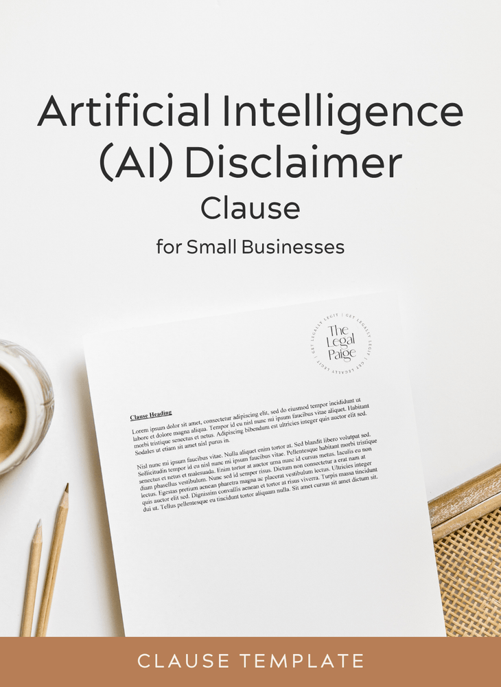 A document template titled 'Artificial Intelligence (AI) Disclaimer Clause for Small Businesses' shown on a white page with sample text, styled with a coffee cup, pencils, and a woven mat on a light background.
