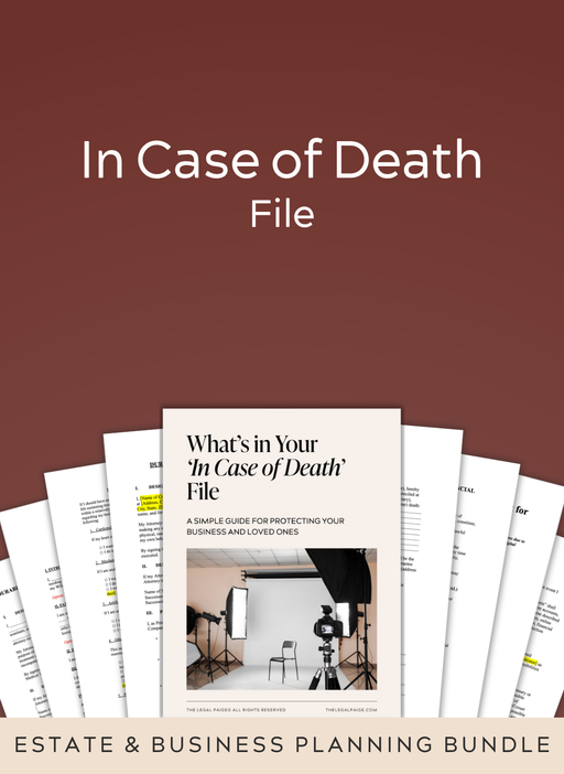 Estate and business planning bundle for 'In Case of Death' file on a brown background