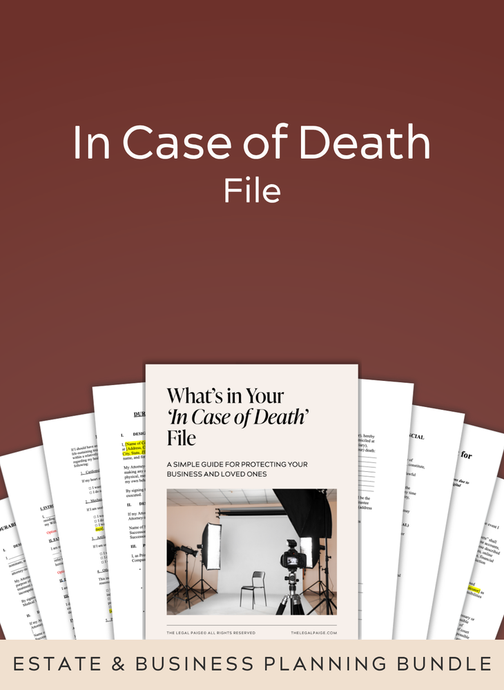 Estate and business planning bundle for 'In Case of Death' file on a brown background