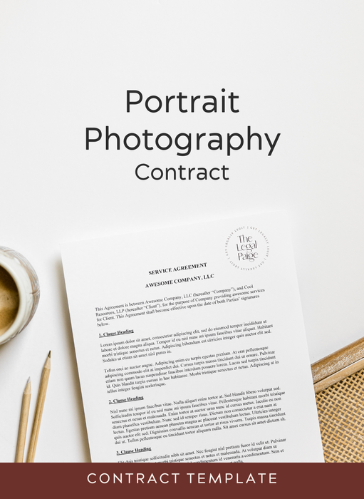 Attorney-drafted portrait photography contract template for general portrait sessions, ideal for families, couples, and general sessions.