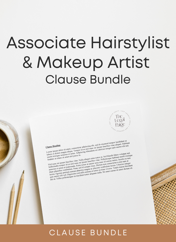 The Legal Paige - Associate Hairstylist & Makeup Artist Clause Bundle
Contract clauses for associate hairstylists and makeup artists working under your brand