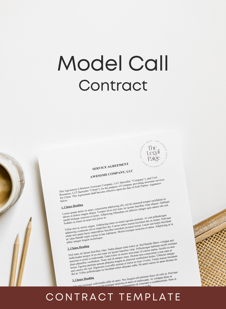 The Legal Paige - Model Call Contract

Model Call Contract template for creatives, shown on a professional photographer’s workspace.